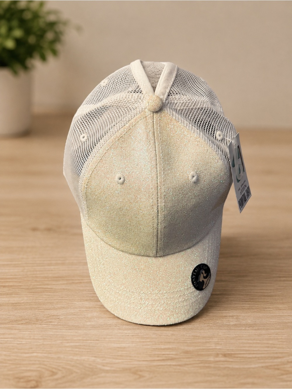 Shimmery Cream Mesh-Back Baseball Cap